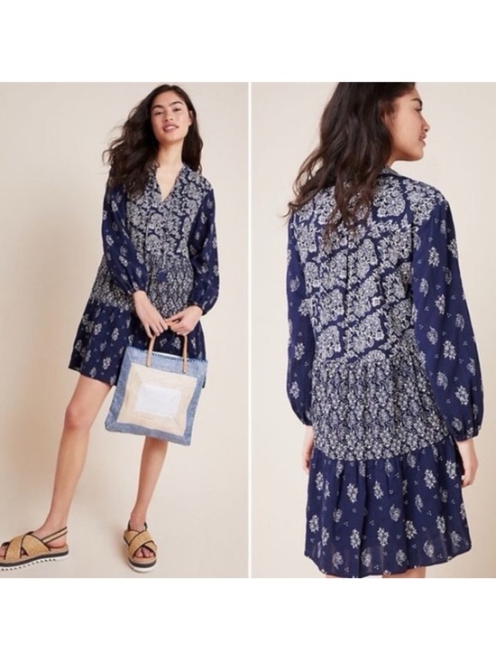 Anthropologie Maeve Carlita Navy Long Full Sleeve Tassel Festival  Dress Medium - Picture 3 of 17